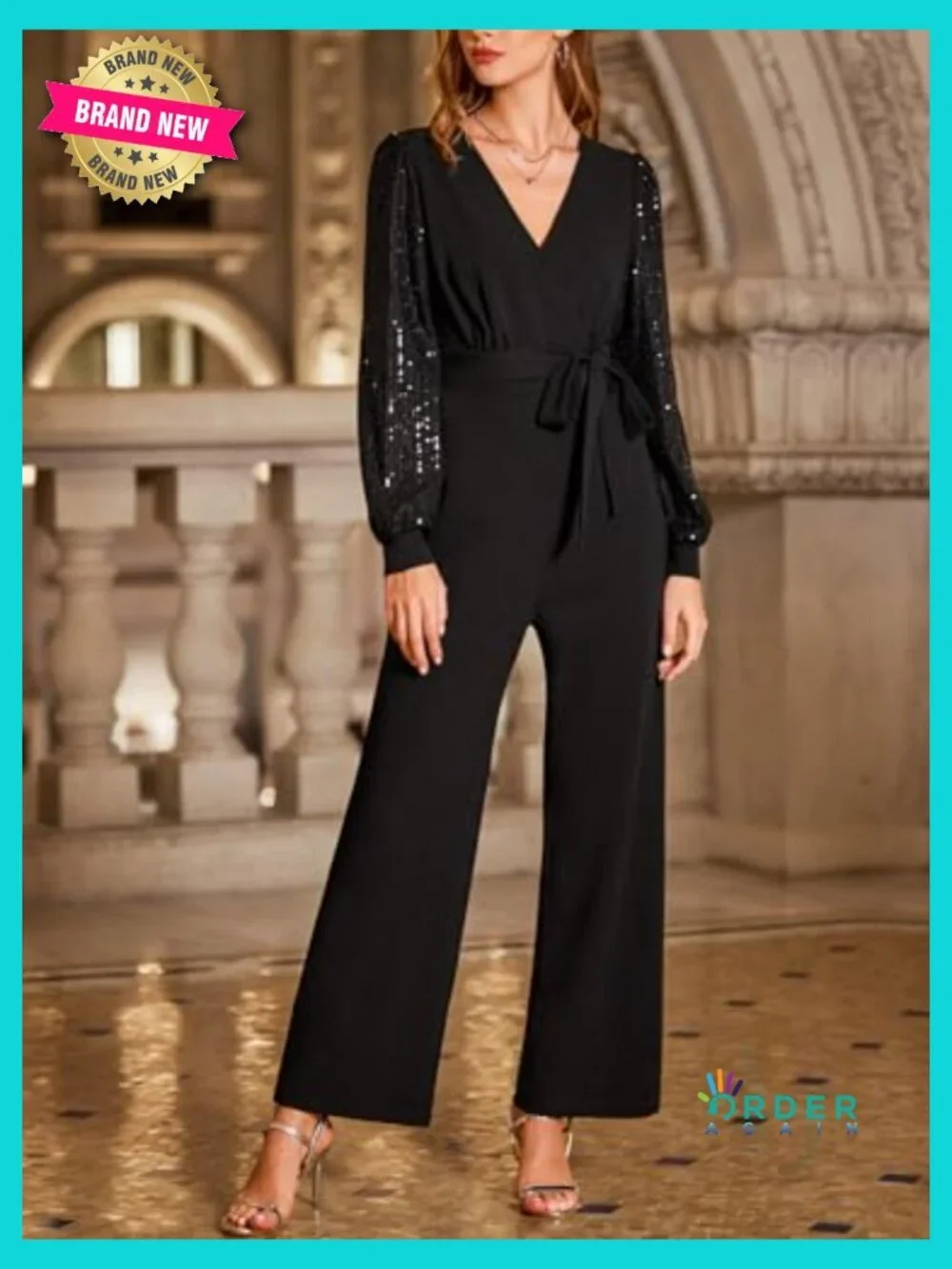 Dressy Long Sleeve Sequin Jumpsuit Sparkly Night Out V Neck Belted One Piece